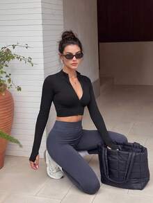 Women's Retro Solid Double Zip Stand Collar Long Sleeve Slim Fit Top Fall Winter Yoga Pilates Golf Tennis Running Workout Sports Shirt - Black - View 5