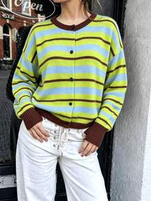 Cardigan Rajut Garis-Garis Blok Warna Retro Wanita, Sweater Kasual Lembut Hangat, Lembut, Leher Bulat, Kancing Depan, Ukuran Besar, Longgar, untuk Musim Gugur dan Musim Dingin - Kuning - View 6