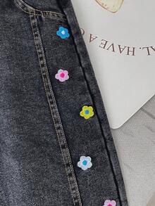 Celana Jeans Denim Washed Motif Bunga Bordir Musim Semi/Gugur untuk Anak Perempuan, Celana Panjang Kasual Elegan Longgar dengan Pinggang Elastis - MultiWarna - View 4