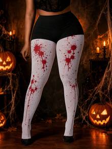 Women Halloween White Red Blood Splatter Graphic Cosplay Tights Pantyhose - Multicolor - View 10