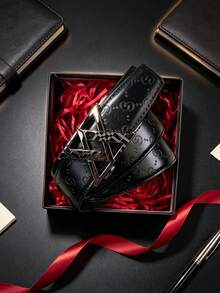 1pc Men's Luxury Belt With Letter Alloy Automatic Buckle, Premium PU Embossed Strap, Multiple Colors Available, 47.2inch Length Adjustable, Suitable For Daily Wear, Jeans, Shorts, Perfect Gift For Boyfriend And Father - Multicolor - View 2