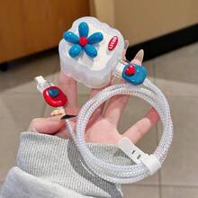 5pcs/Set Compatible With UK 20W Cable Protector Red & Blue Floral Accessories TPU Material Anti-Drop Anti-Scratch Laser White Data Cable Wrap Anti-Break - Blue Flowers - View 3