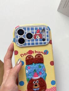 1件韓系Ins風格格紋拼接卡通動物手機殼，適用於Apple 17 Pro Max、16 Pro、13、14 Pro、15 Pro，全包皮革防摔軟殼，女款 - 黃色 - 查看 4
