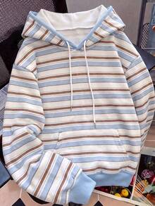 1pc Women's Multi-Color Blue & Brown Horizontal Striped Long Sleeve Loose Warm Comfortable College Style Retro Aesthetic Casual Silhouette Drawstring Hooded Sweatshirt - White - View 4