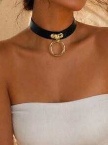 1pc Women's Gothic Punk Style PU Leather Ring Choker Suitable For Daily Commute - Black - View 2