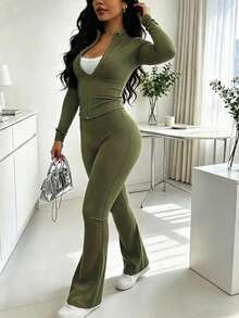 Spring/Autumn Bestselling Women's 2 Pieces Set, Fashion Slim Fit Solid Color Zip-Up Jacket And Pants, Lightweight Polyester Fitness Yoga Fabric - Olive Green - View 6