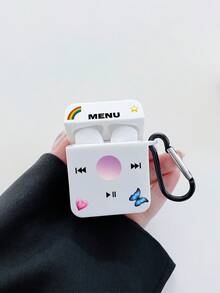 1件 MENU Player 彩虹心形蝴蝶圖案藍牙耳機保護殼，極簡純白軟殼，復古音樂播放器介面圖案印花，配黑色耳機殼掛鉤，防摔便攜，Ins甜酷Y2K女孩風，適合個人使用與生日禮物，兼容主流無線藍牙耳機 - 彩色 - 查看 3