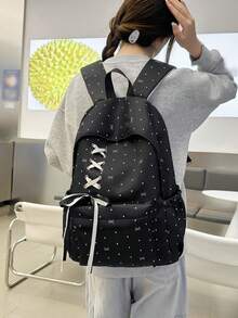 Dot Bow Print Backpack For Girls, Lace-Up Front Ribbon Decor Multi-Pocket Lightweight Casual Daypack School Rucksack Daily Use - Multicolor - View 4
