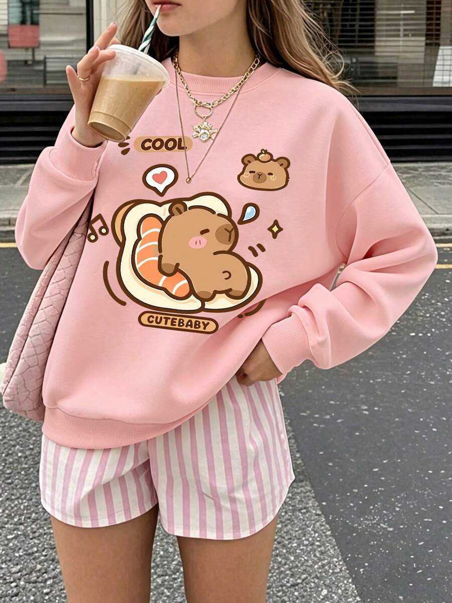 1件女孩趣味元素與卡通圓領運動衫,可愛,春秋冬校園活動個性化風格 - 粉色 - 查看 1