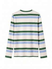 Women Color Block Striped Oversized Long Sleeve Top,Relaxed Fit Casual Tee,Soft Lightweight,Weekend Travel Coffee Shop Outfit - White - View 3