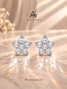 AnlaScheer 1pc 925 Sterling Silver Five-Point Star Moissanite Ear Cartilage Hoop 18K Gold Plated Women's Daily Wear Party Anniversary Valentine's Day Wedding Bridal Jewelry - Silver - View 1