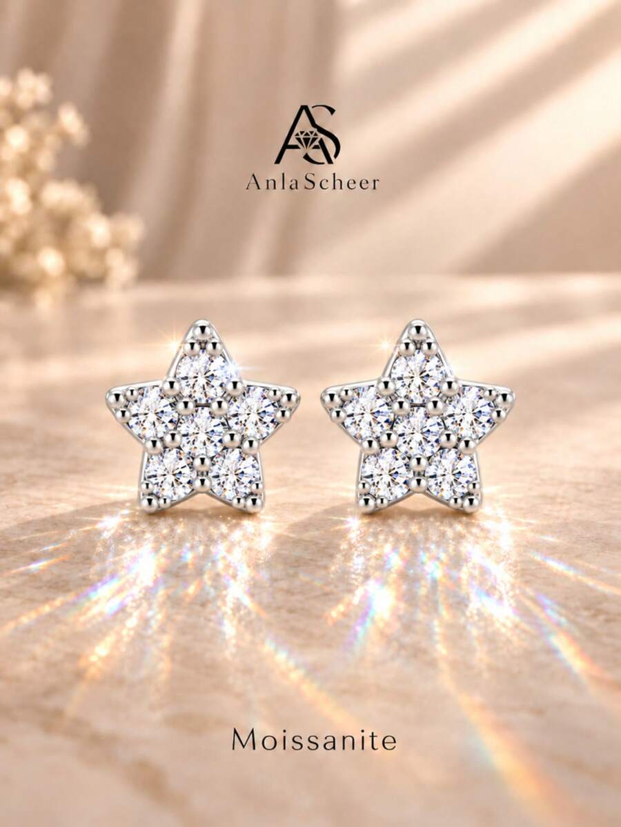 AnlaScheer 1pc 925 Sterling Silver Five-Point Star Moissanite Ear Cartilage Hoop 18K Gold Plated Women's Daily Wear Party Anniversary Valentine's Day Wedding Bridal Jewelry - Silver - View 1