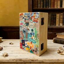 1pc Wooden Storage Box, Travel Theme Gift Box With Illustration, Small Keepsake Box For Souvenir Storage, Memory Preservation, Desk Organization, Modern Home Decor - Multicolor - View 5