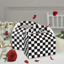 6/12pcs Black & White Checkered Gift Boxes, Racing Theme Party Snack Boxes, Party Favor Boxes, DIY Gift Bags, Triangle Snack Boxes With Handles, Suitable For Birthday Party Decoration, Halloween, Christmas Decoration - Black and White Plaid Gift Box - View 3