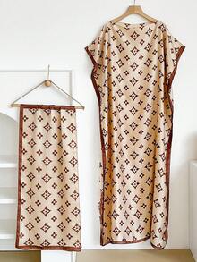 1 Set Faux Silk Minimalist Premium Geometric Floral Print Long Robe Set For Women, Beach Cover-Up Sun Protection Pullover Shawl With Satin Scarf, Perfect For Layering And Daily Wear - Multicolor - View 8