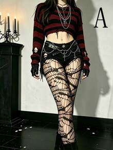 1/2pcs Women's Gothic Fishnet Tights Set,Spiderweb & Spider Motif Sheer Pantyhose,Stretchy Mesh Stockings For Halloween Party Outfits & Daily Wear Set - Black - View 9