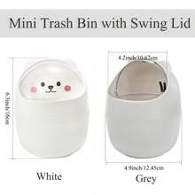 1pc Desktop Mini Trash Can With Swing Lid, Cute Bear Plastic Garbage Bin, Tabletop Waste Storage Bucket, Suitable For Home, Office, Kitchen, Vanity, Bedroom, Grey And White - A - View 2