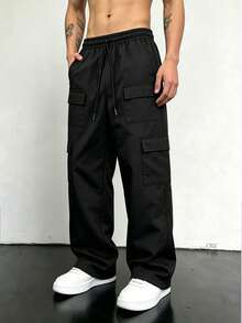 Men's Casual Street Style Cargo Pants - Loose Fit Wide Leg Trousers, Multi-Pocket Design, Drawstring Waist, Solid Color For Daily Wear, Elastic Waistband With Drawstring, Suitable For All Year Round - الأسود - مشاهدة 2