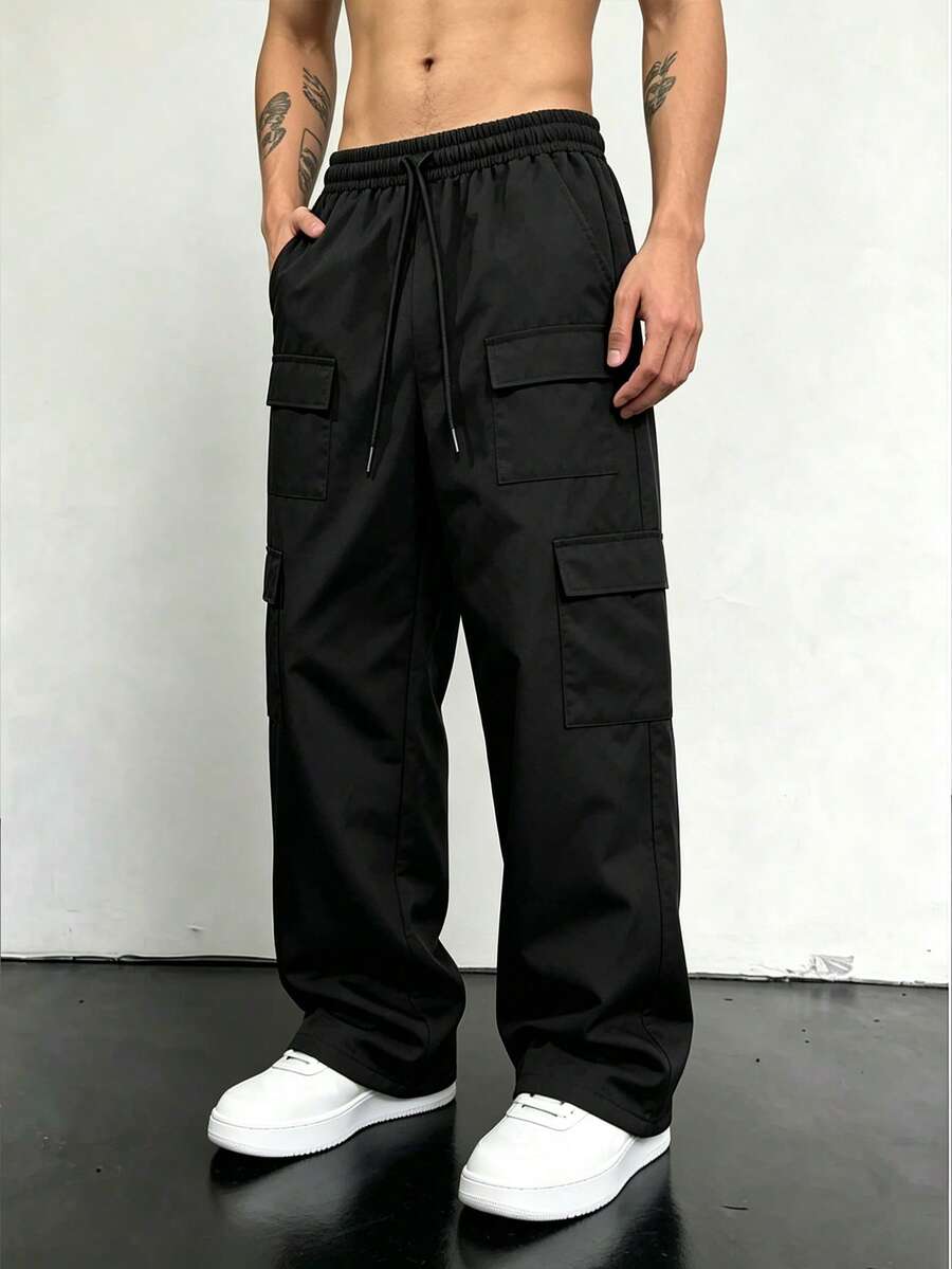 Men's Casual Street Style Cargo Pants - Loose Fit Wide Leg Trousers, Multi-Pocket Design, Drawstring Waist, Solid Color For Daily Wear, Elastic Waistband With Drawstring, Suitable For All Year Round - Black - View 1
