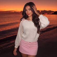 Women's Ribbed Knit Short Sweater, Knot Detail, Long Sleeve Regular Hem, Suitable For Autumn/Winter - White - View 5