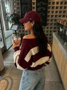 Women's Autumn/Winter New Fashion Loose Contrast Color Striped Cable Knit V-Neck Chunky Sweater Top - Burgundy - View 3