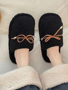 Women's Plush Bowknot Decor Closed-Toe Indoor Slippers, Soft Thick Sole Warm Cotton Bedroom Slippers For Autumn/Winter - Black - View 5