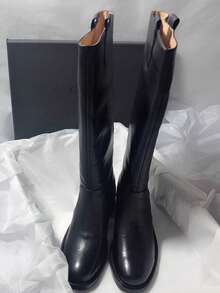 Square Toe Chunky Heel Side Zipper Casual Suede Patchwork Slim Minimalist High Heel Tall Boots For Women - Black - View 3