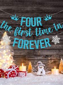 1pc Four The First Time In Forever 4th Birthday Banner, Snowflake Theme Princess Happy 4th Birthday Party Decoration - Multicolor - View 9
