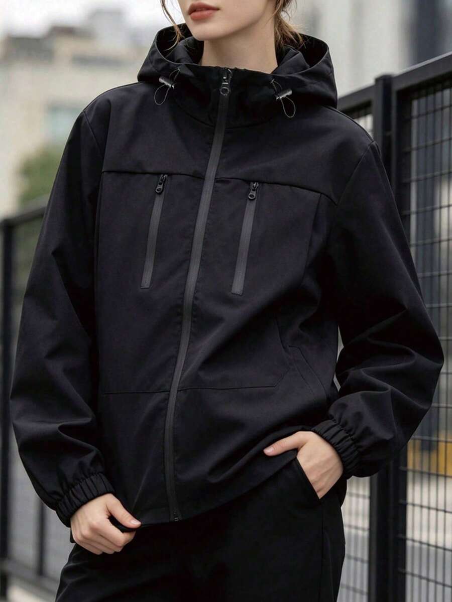 Women's Casual Outdoor Loose Lightweight Zip-Up Hooded Jacket, Spring/Autumn - Black - View 1