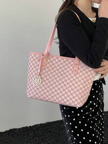 X.Y. Bags 女款粉色字母印花托特包，附金色環吊飾，雙手柄，復古手提包，適合日常通勤與購物 - 粉色 - 查看 7
