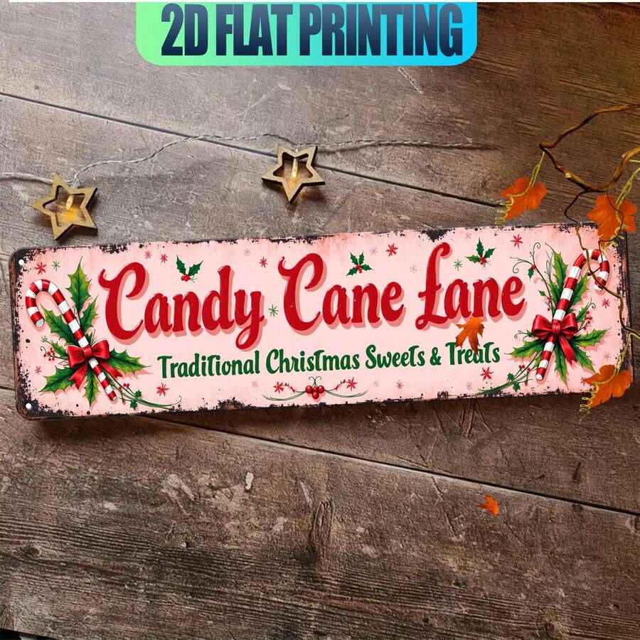 2D Datar, 1 buah Papan Nama Jalan Permen Tongkat Vintage, Pola Holly dan Permen Tongkat, Cocok untuk Rumah, Dapur, Kafe, Pintu - Hadiah Natal Sempurna untuk Pecinta Permen Tongkat - Desain Bertema Permen Liburan (Gaya Acak) - A - View 1