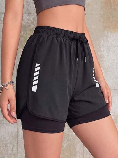 2-In-1 Women Sports Shorts, Solid Color Lining 2 In 1 Elastic Workout Pants, Suitable For Running, Sports, Yoga, Fitness In Summer