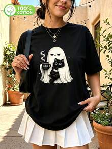 萬聖節女款T恤，可愛瞌睡鬼圖案印花，純色，時尚休閒，寬鬆版型 - 黑色 - 查看 6