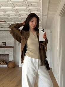 Atasan Rajut Wanita Model Slim Fit Leher Bulat Lengan Panjang Warna Polos, Gaya Kampus, Musim Semi/Gugur - Khaki - View 3
