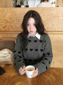 Sweater Kasual Longgar Serbaguna Motif Hati untuk Hari Valentine - Grey - View 2
