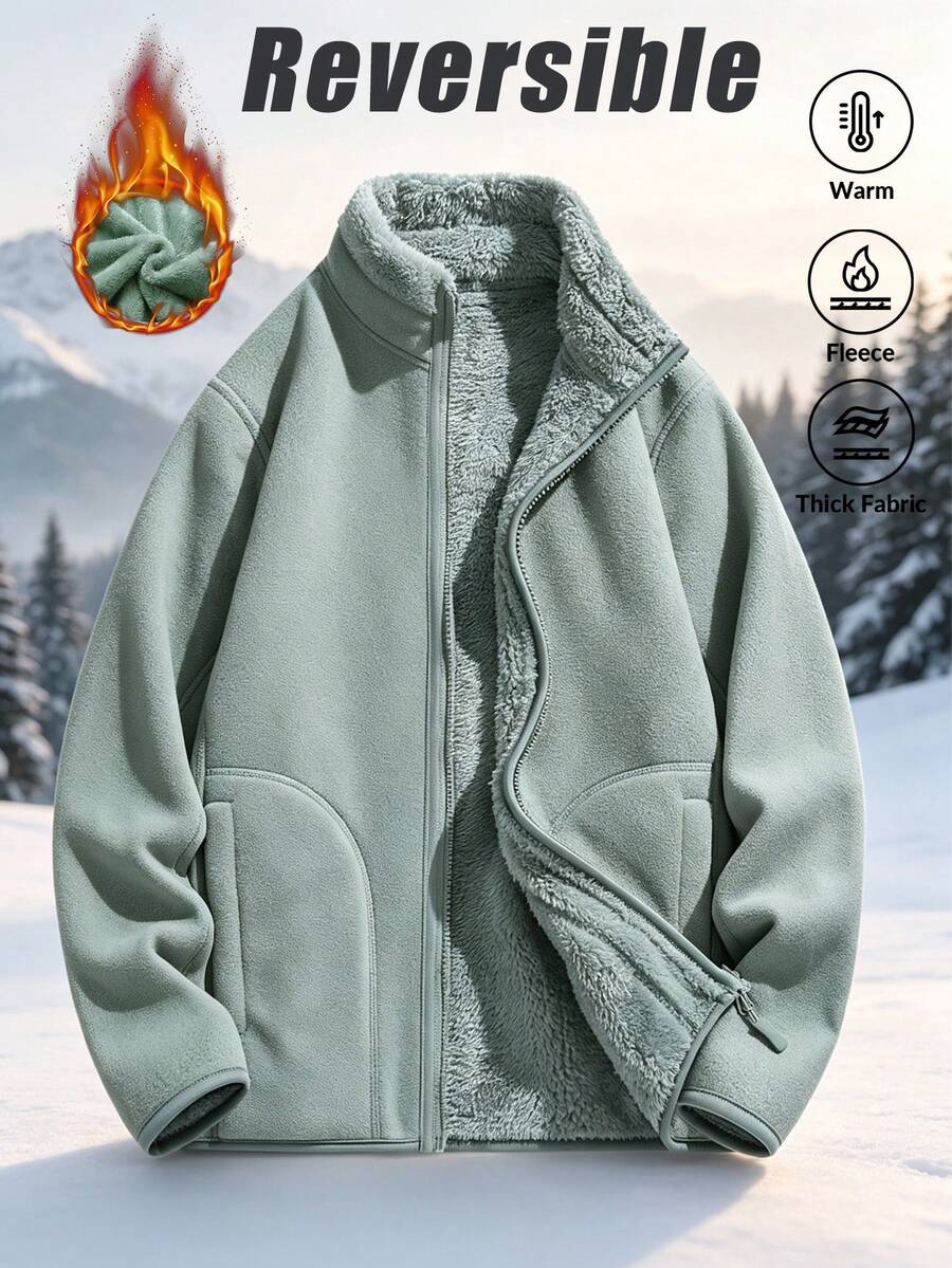Solid Zip Up Fleece Stand Collar Jacket, Casual Long Sleeve Outerwear For Women, Daily Outdoor Wear - Mint Green - View 1