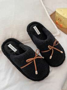 Women's Plush Bowknot Decor Closed-Toe Indoor Slippers, Soft Thick Sole Warm Cotton Bedroom Slippers For Autumn/Winter - Black - View 2