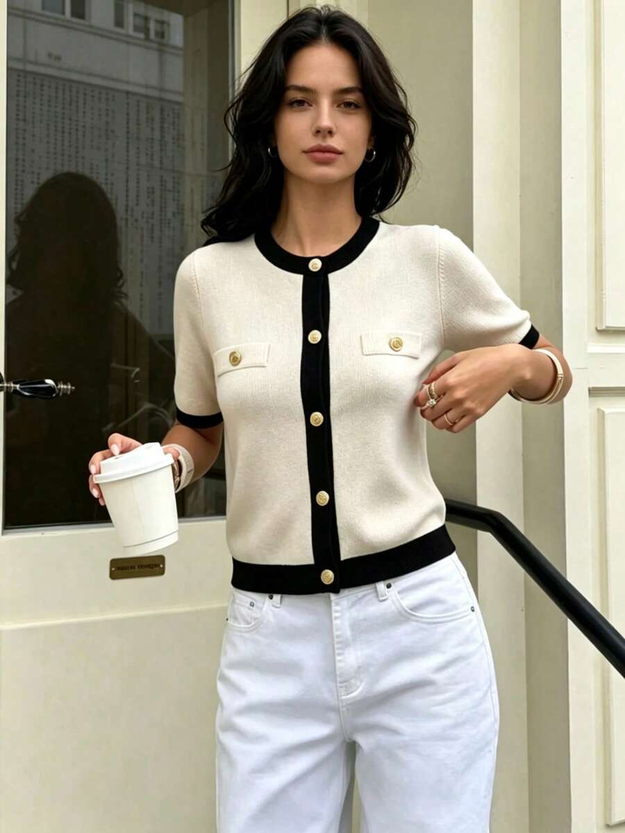 Seelio 女款秋冬新款短袖針織開襟衫，法式配色拼接鈕扣前襟圓領修身針織外套 T-Shirt - 白色 - 查看 1