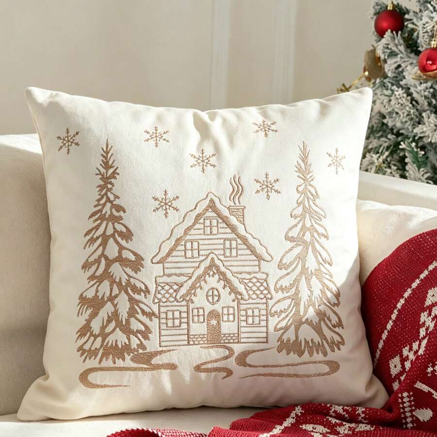 1pc Bowknot Christmas Tree Pillow Case, Winter Farmhouse Snowflake Embroidery Pillow Case Suitable For Winter Christmas Holiday Living Room Sofa Bedroom Decoration, Pillow Insert Not Included - Champagne - View 1