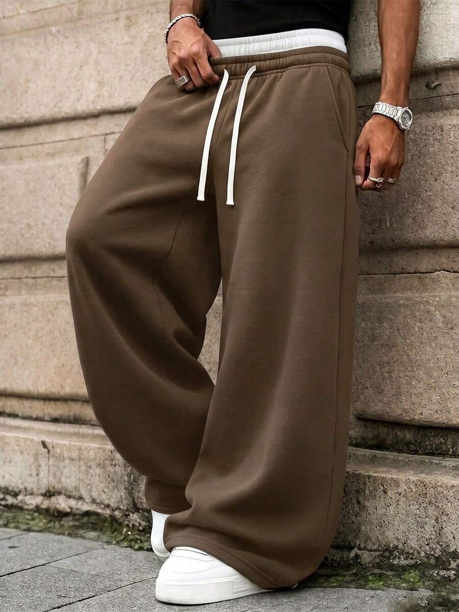 1pc Men's Casual Sports Pants With Loose Straight-Leg Fit, Comfortable And Draping. Suitable For Home And Outdoor Wear, Also A Great Gift For Couples. Made Of 100% Polyester Fabric - Coffee Brown - View 1