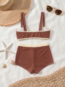 Women's Elegant Sweet Style Coffee Brown Polka Dot Swimsuit, Suitable For Spring/Summer Beach Vacation, Seaside Activities And Fashionable Holiday Outfits - Multicolor - View 3