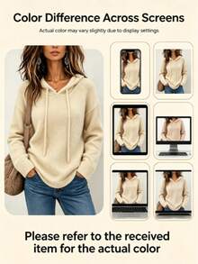 Sweater Rajut Polos Ukuran Besar untuk Musim Gugur dan Musim Dingin, Hoodie Berbulu dengan Tali Serut, Pullover Kasual Lengan Panjang Slim Fit untuk Perjalanan Sehari-hari - Aprikot - View 10