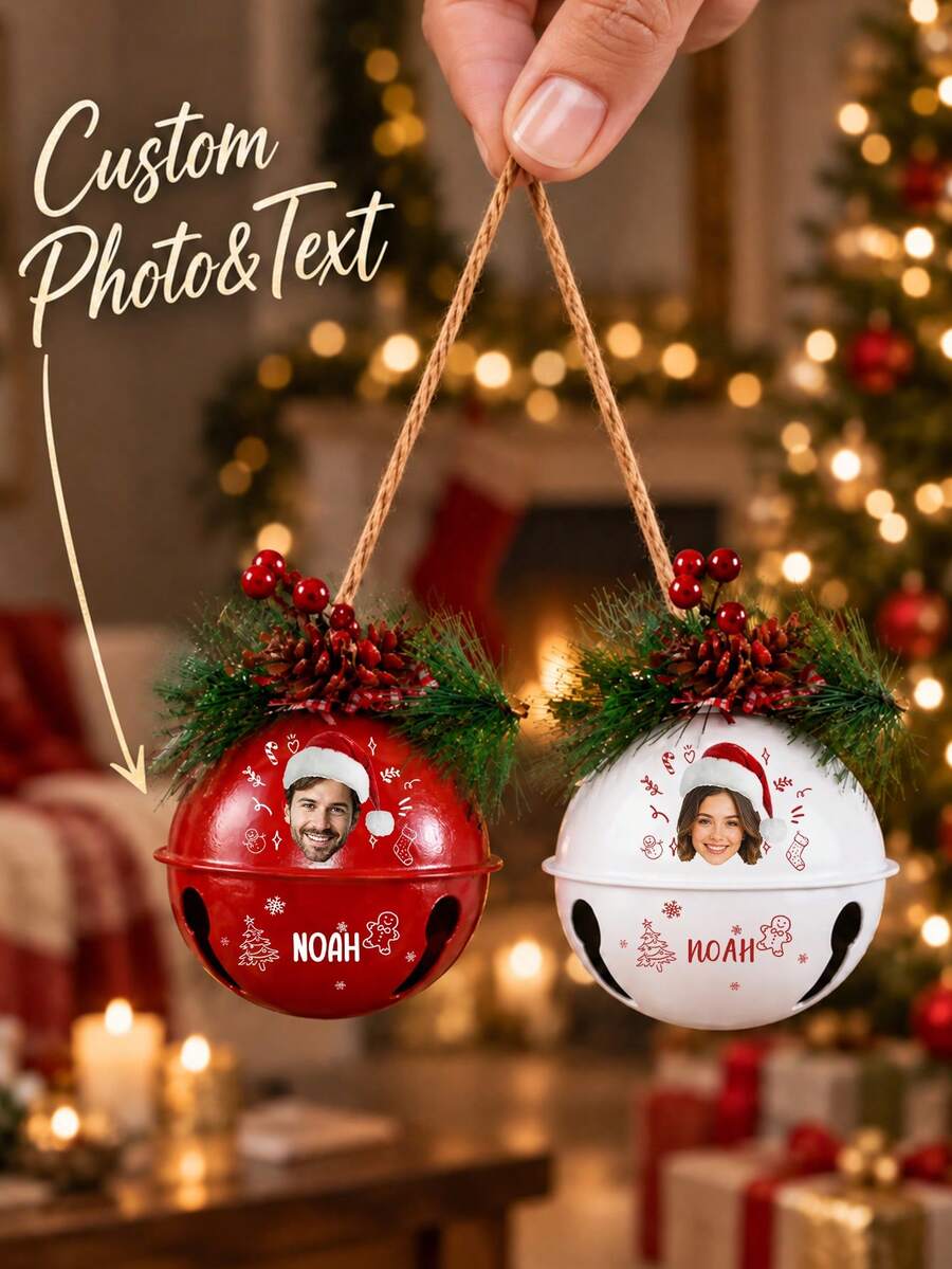1pc Personalized Photo Christmas Bell Ornament, Customized 2026 Bell, Christmas Tree Decoration, Holiday Bell Pendant, Window Entrance Door Decor, Bell Ornament Customization, Christmas Gift - Red - View 1
