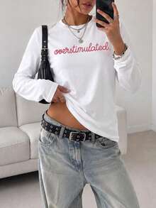 1pc Women's Solid Color Round Neck Fitted Long Sleeve T-Shirt, Elastic Slim Fit Minimalist Basic Top, Suitable For Daily Commute And Outings - White - View 1