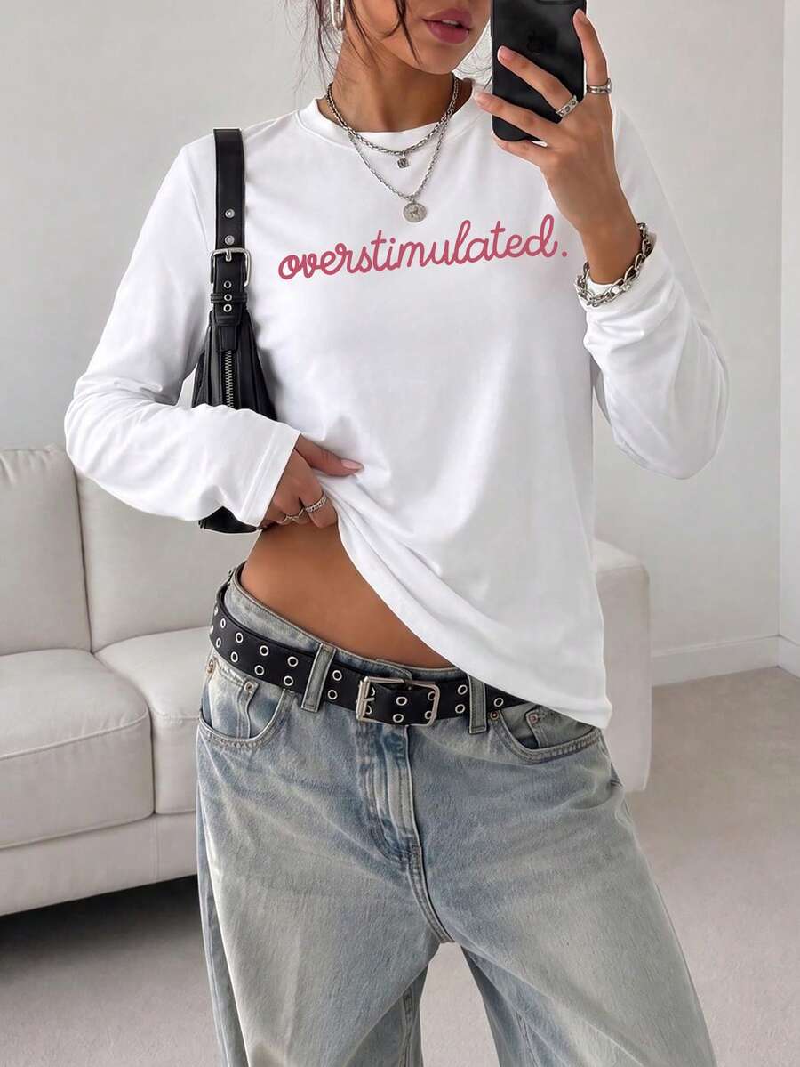 1pc Women's Solid Color Round Neck Fitted Long Sleeve T-Shirt, Elastic Slim Fit Minimalist Basic Top, Suitable For Daily Commute And Outings - White - View 1