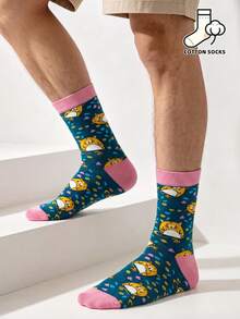 1 Pair Cute Cat Pattern Socks, Green Base With Colorful Heart And Floral Design, Casual Mid-Calf Socks, Unisex - Multicolor - View 4