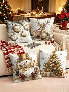 4pcs/1pc Luxury White & Gold Christmas Home Decor Pillow Covers - Printed With Christmas Tree, Snowman, Reindeer Patterns; Size 18x18 Inches; Suitable For Room Decor, Bedroom Decor, Living Room Decor, Sofa, Christmas Party Decor And Winter Farmhouse Style Home Decor (Pillow Insert Not Included) - Multicolor - View 2