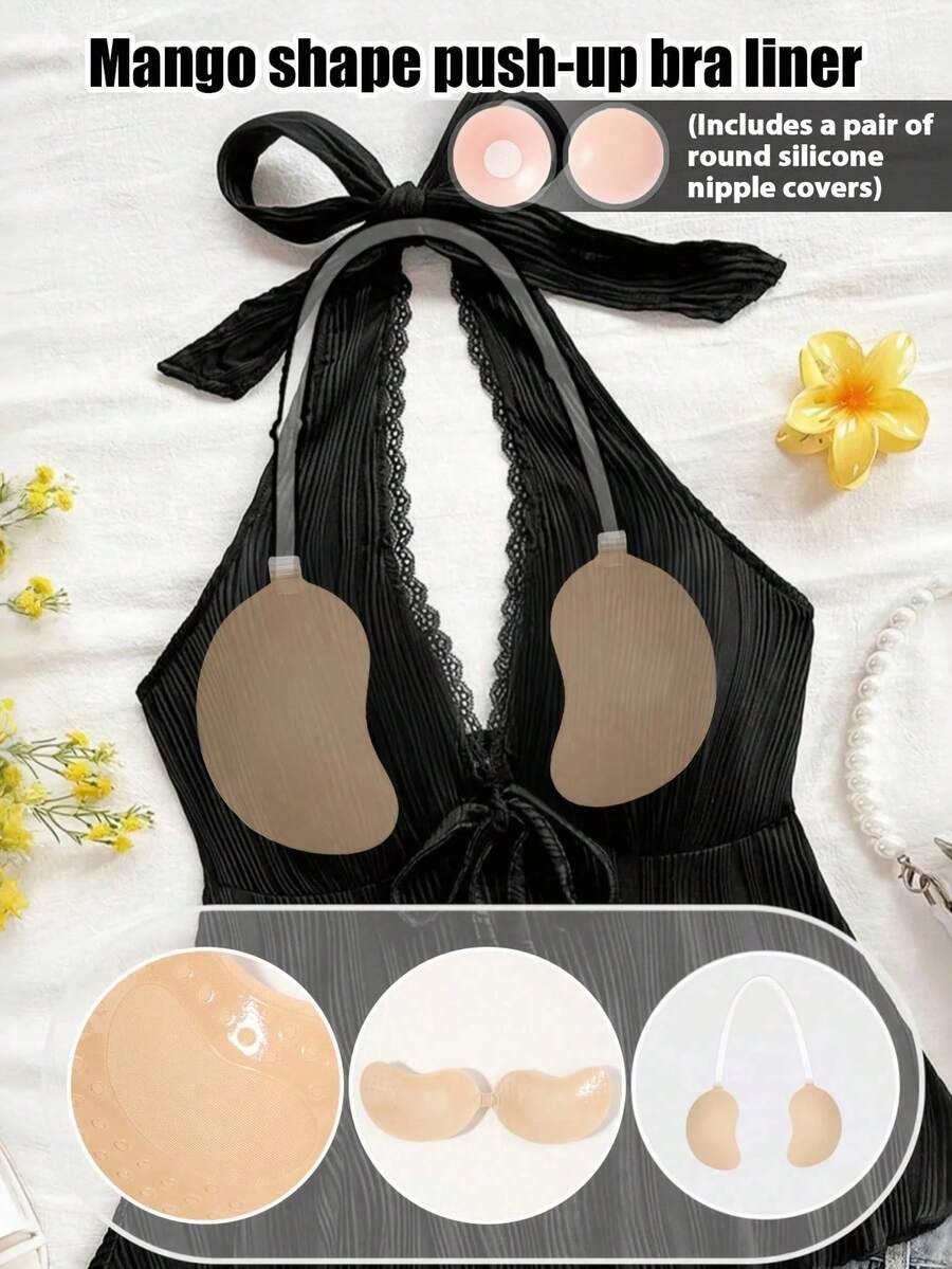 1 Pair Mango Color Push-Up Self-Adhesive Bra, With Invisible Straps And Front Clasp Design, Provides Good Support, Comfortable And Reusable, Suitable For Tank Tops, Swimsuits, Bikinis And Deep V-Neck Outfits - Multicolor - View 1
