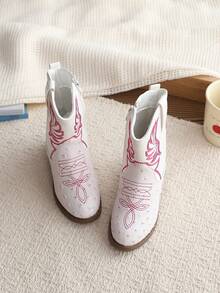 Girls' Pink Embroidered Western Cowboy Boots, Side Zipper Low Heel Retro Boots, Ankle Boots For Little Girls - Beige - View 3