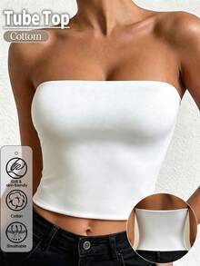 Women's Strapless Tube Top, Solid Color, Elastic Slim Fit, Camisole Tank Top, Fashion Basic Tank Top, Spring/Summer, White - White - View 6